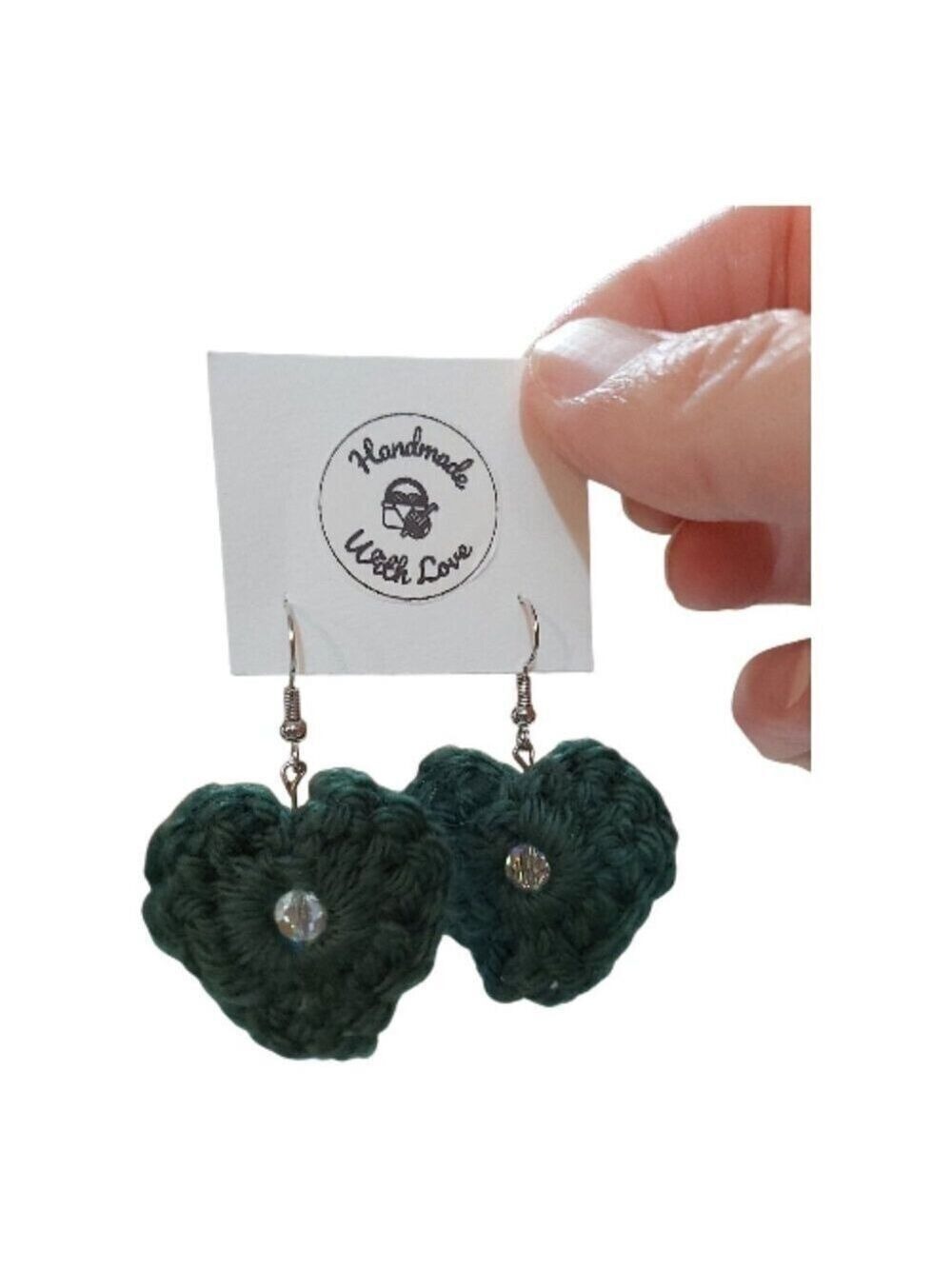 Dark Green Crochet Heart Earrings with Glass Bead • Handmade